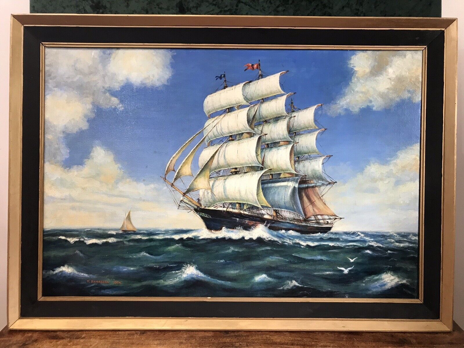 Oil On Canvas Marine Gallion Ship In Full Sail Sails Past Small Yacht photo furniture