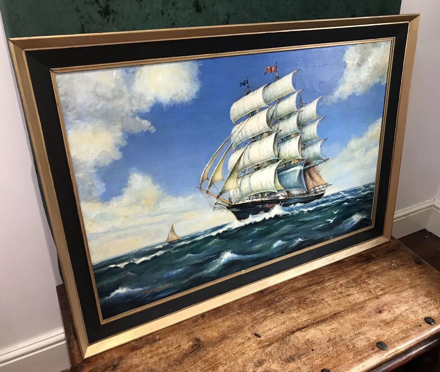 Oil On Canvas Marine Gallion Ship In Full Sail Sails Past Small Yacht photo Art