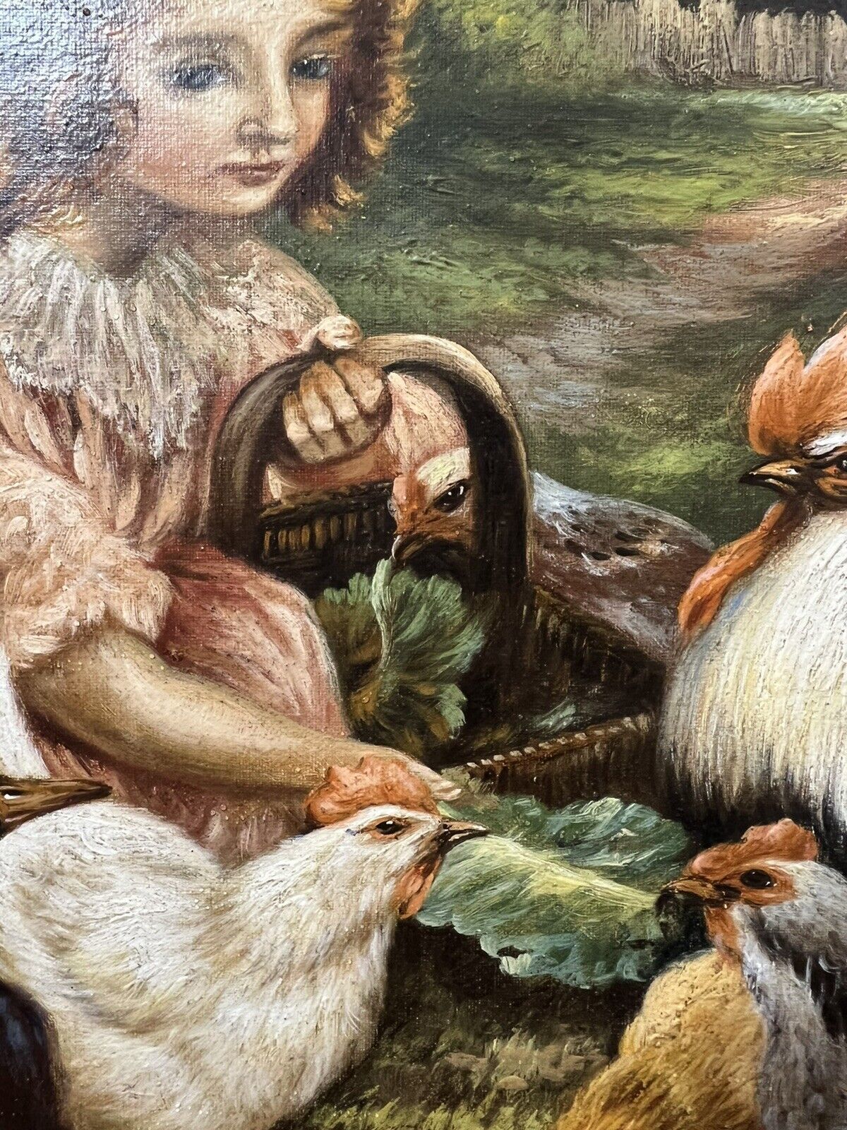 19th Century Oil Painting Of Victorian Girl Feeding Chickens In Landscape Signed photo 1850.0