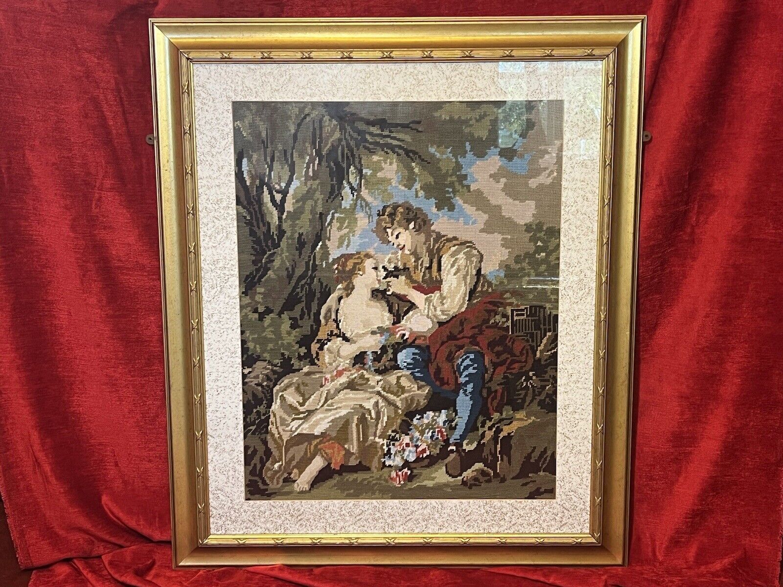 French Wool Work Tapestry Of Lovers Romancing In Garden Scene Framed