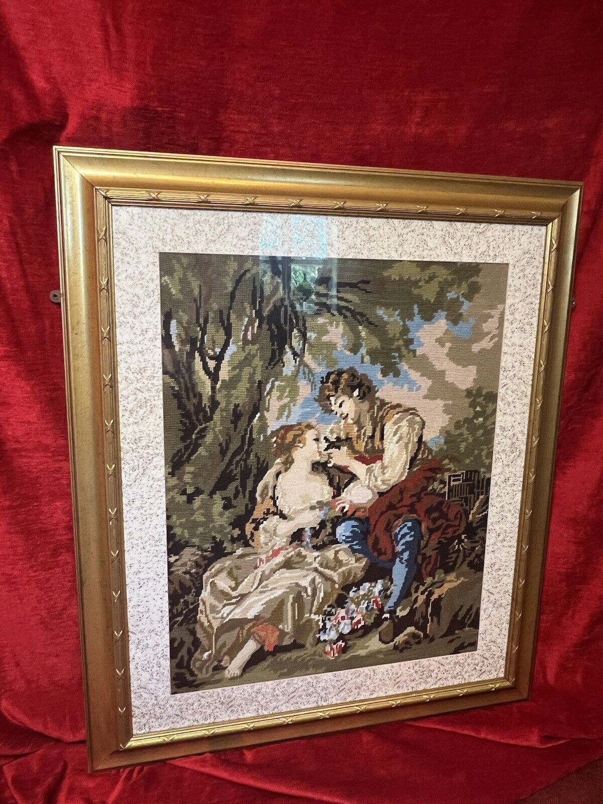 French Wool Work Tapestry Of Lovers Romancing In Garden Scene Framed photo for sale