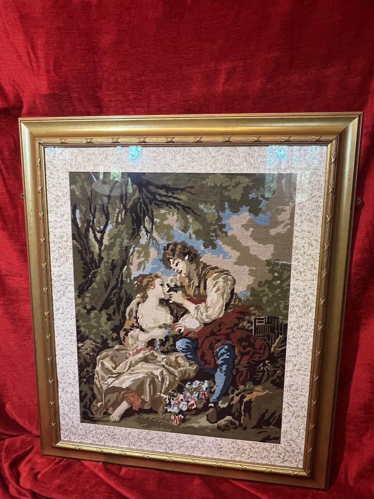 French Wool Work Tapestry Of Lovers Romancing In Garden Scene Framed photo Art