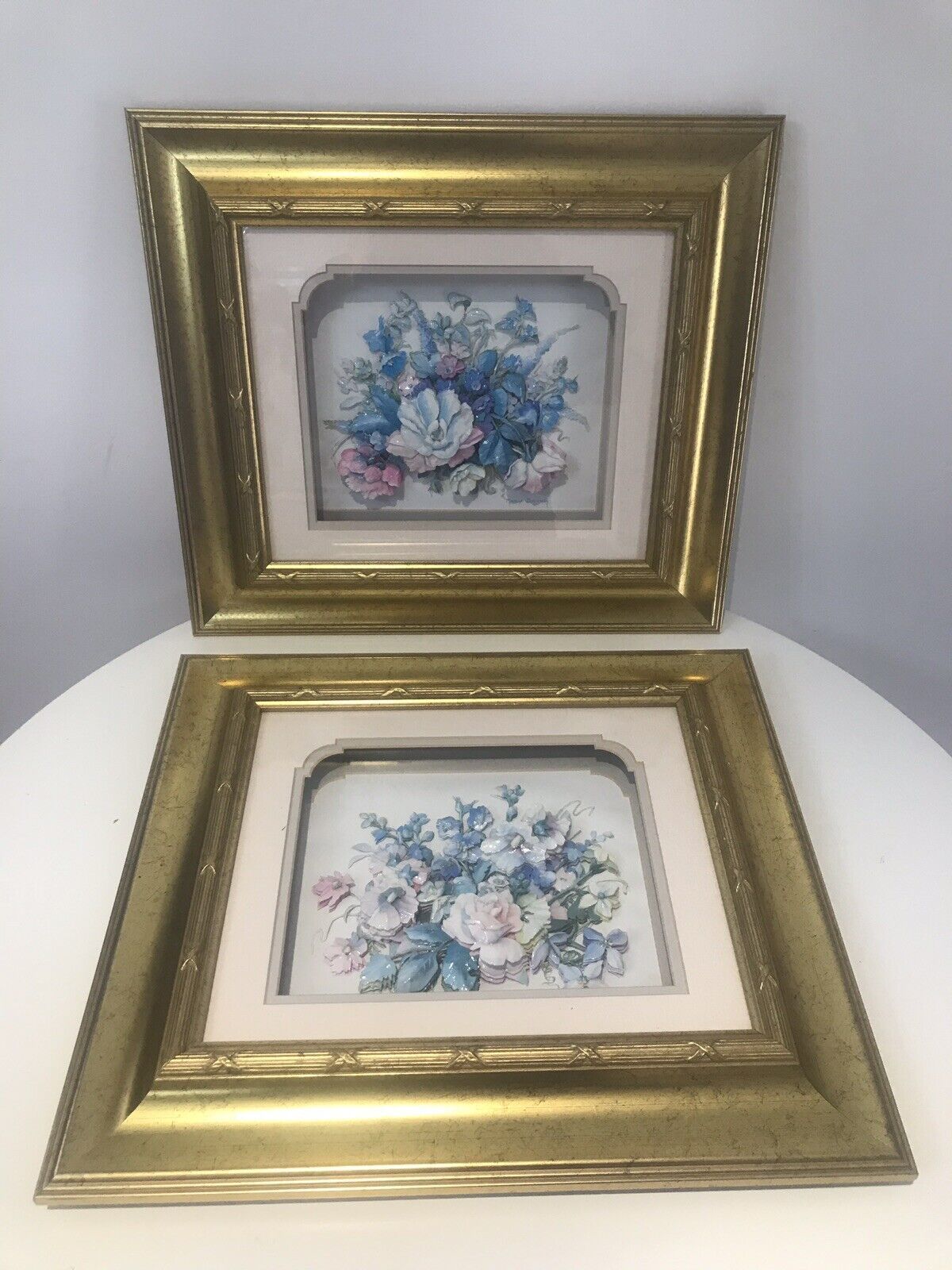 Fine Pair Crystal Porcelain Flower Ansamble Sculptures In Ornate Guilt Frames photo furniture