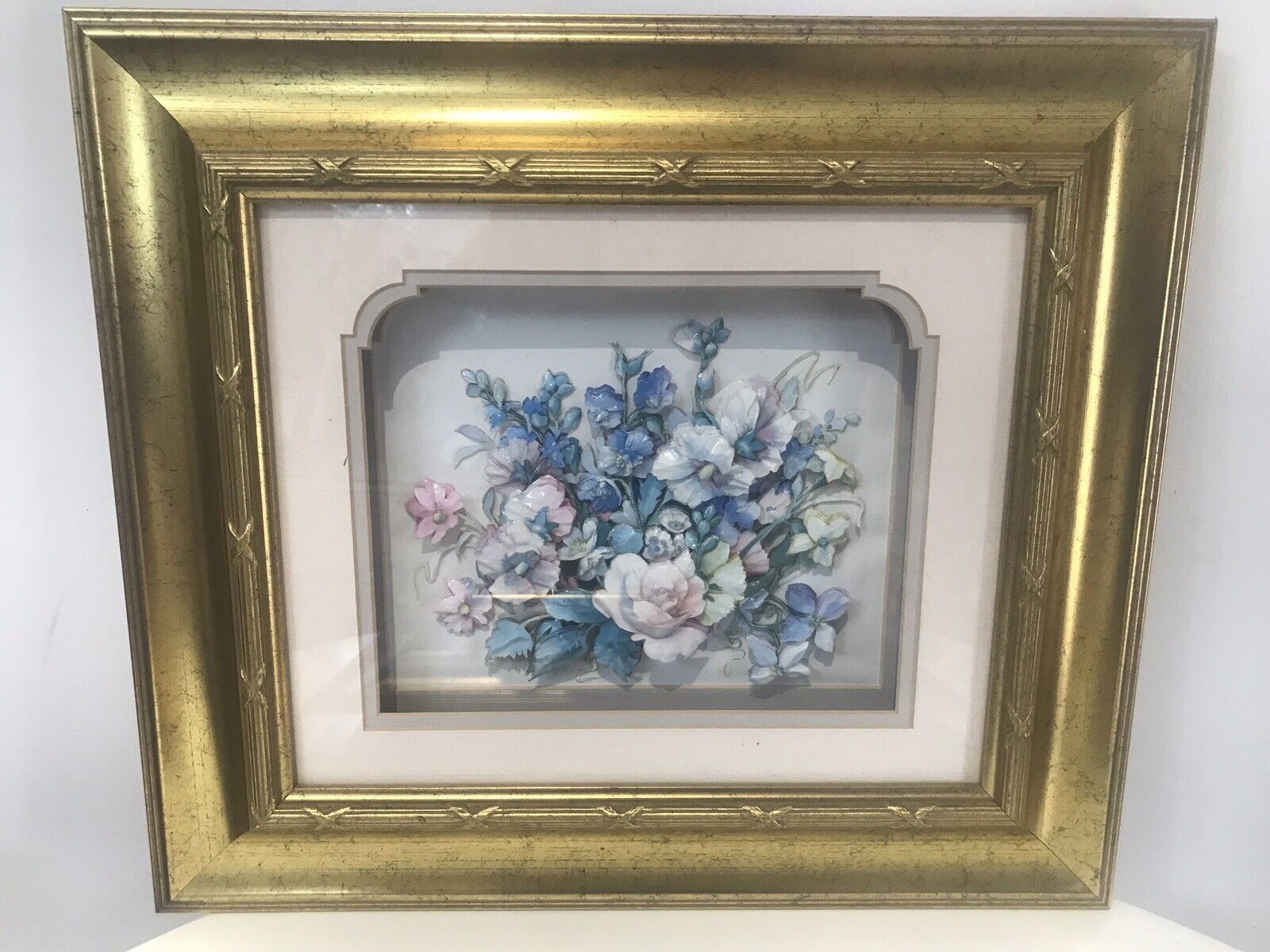Fine Pair Crystal Porcelain Flower Ansamble Sculptures In Ornate Guilt Frames photo for sale