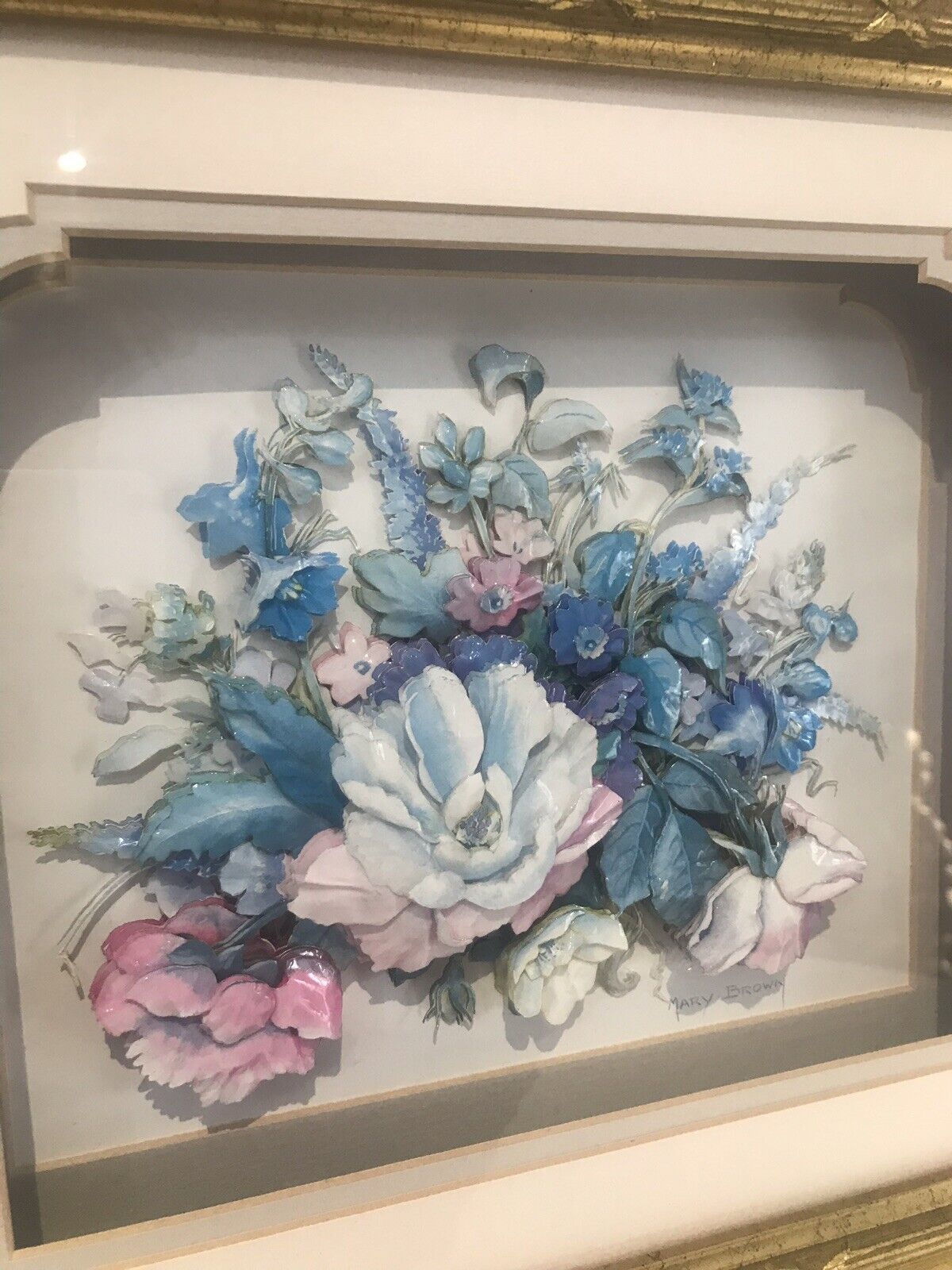 photo for sale Fine Pair Crystal Porcelain Flower Ansamble Sculptures In Ornate Guilt Frames