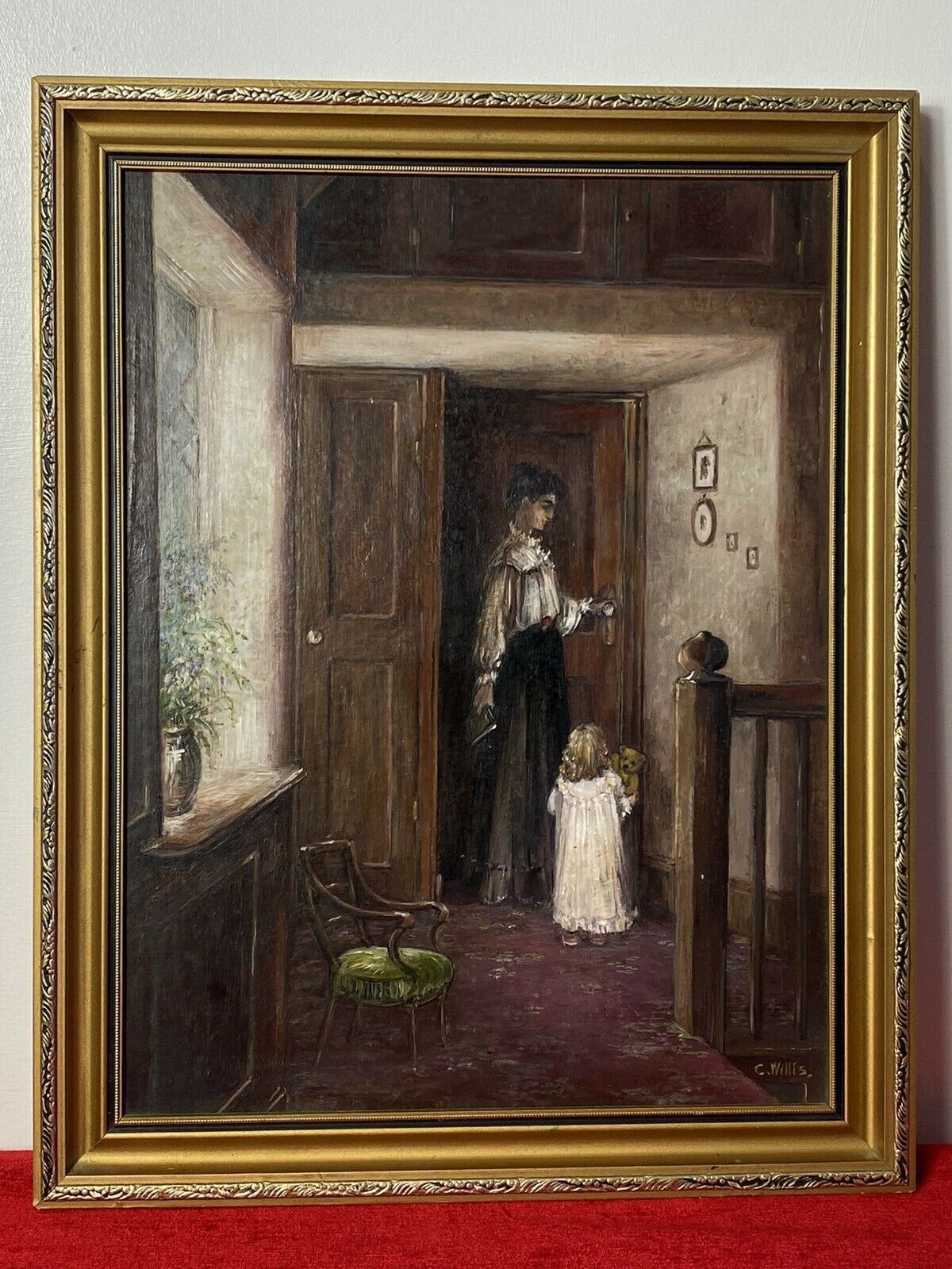 Victorian Oil Painting Of Mother And Daughter In Interior Scene Signed C Willis photo for sale
