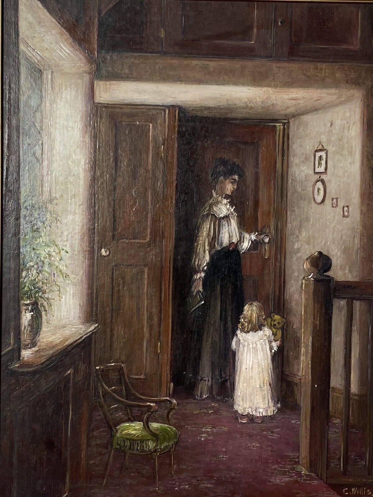 Art Victorian Oil Painting Of Mother And Daughter In Interior Scene Signed C Willis photo