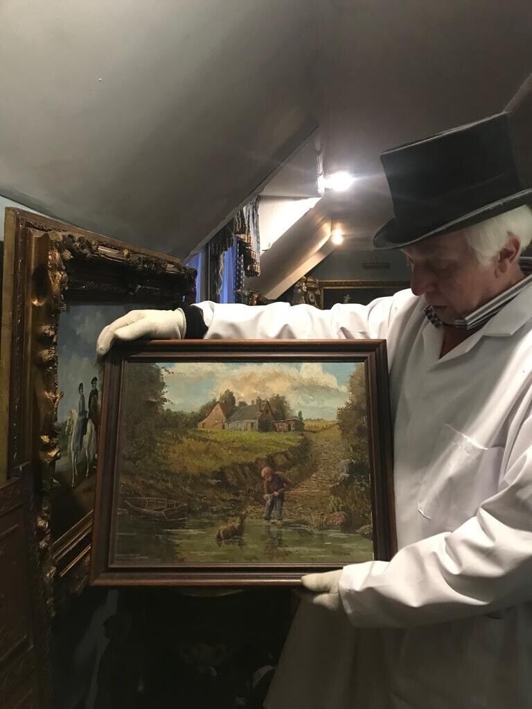 Charming Scottish School Landscape Oil Painting With Boy & Dog Companion Signed photo for sale