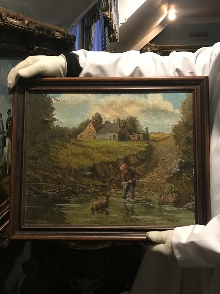 Charming Scottish School Landscape Oil Painting With Boy & Dog Companion Signed photo 375.0