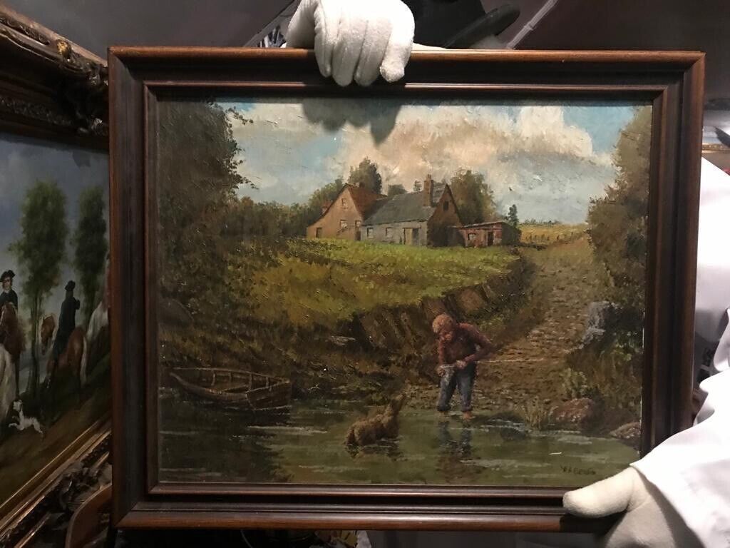 Charming Scottish School Landscape Oil Painting With Boy & Dog Companion Signed photo vinterior