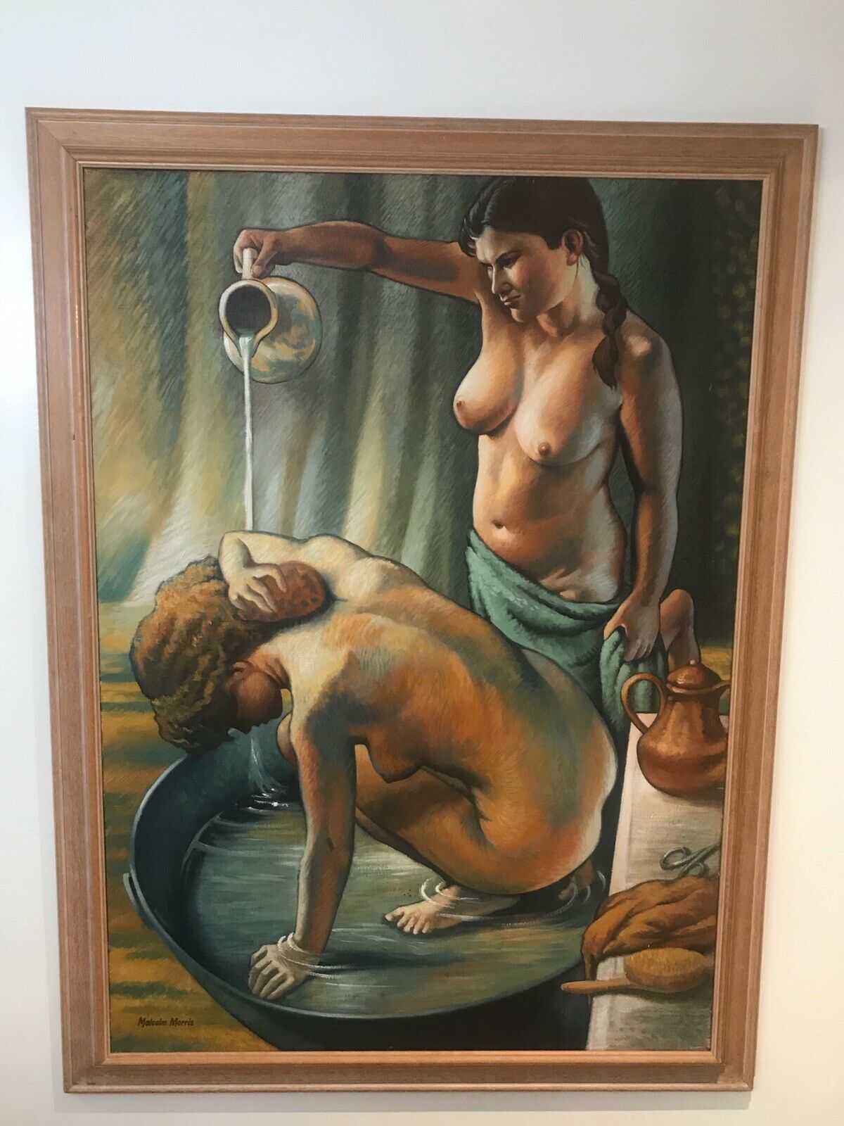 Fine Art 20th Century Bathtime With Two Nubile Ladies Oil Painting Signed photo furniture