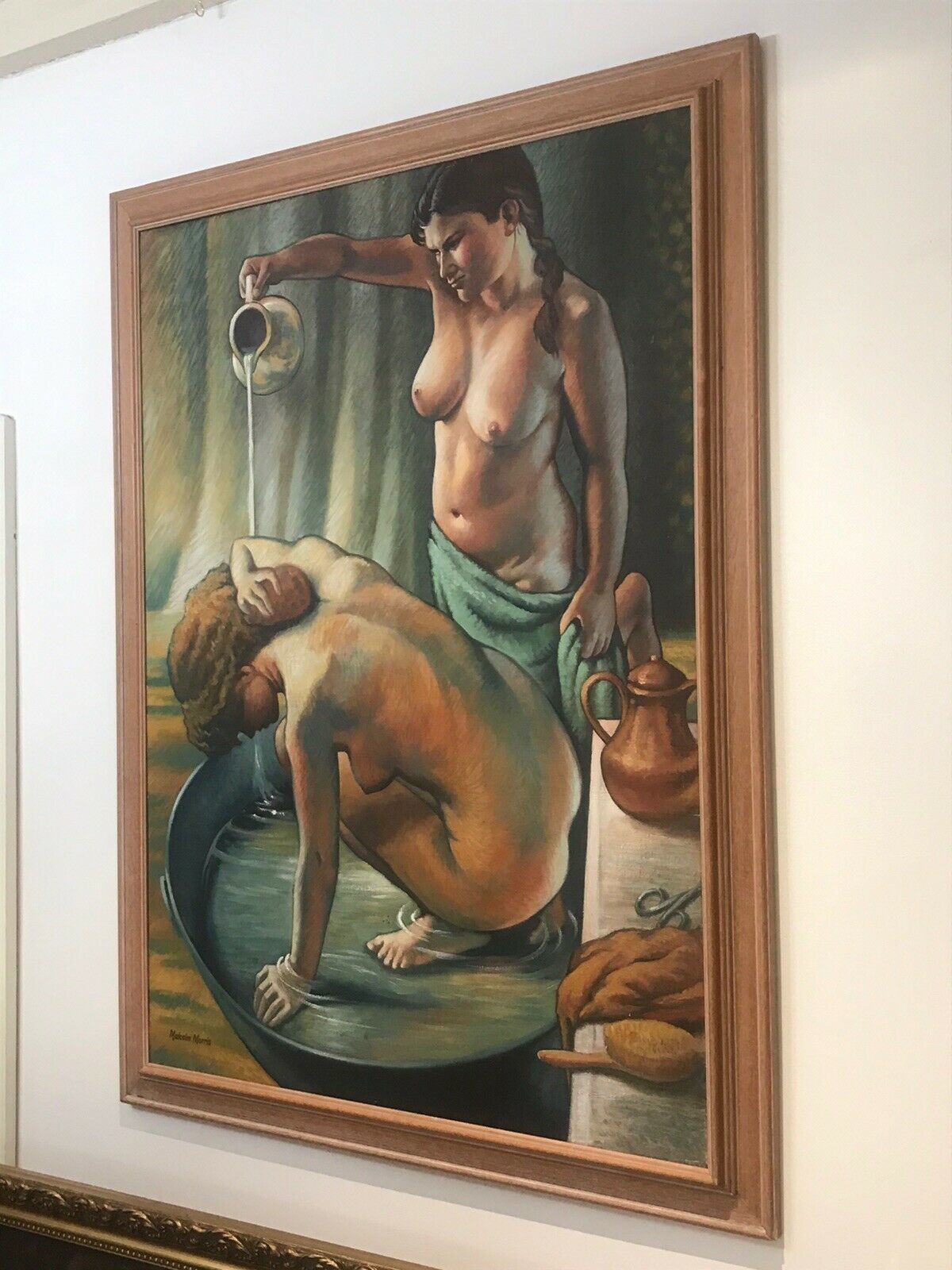 Fine Art 20th Century Bathtime With Two Nubile Ladies Oil Painting Signed photo 1495.0