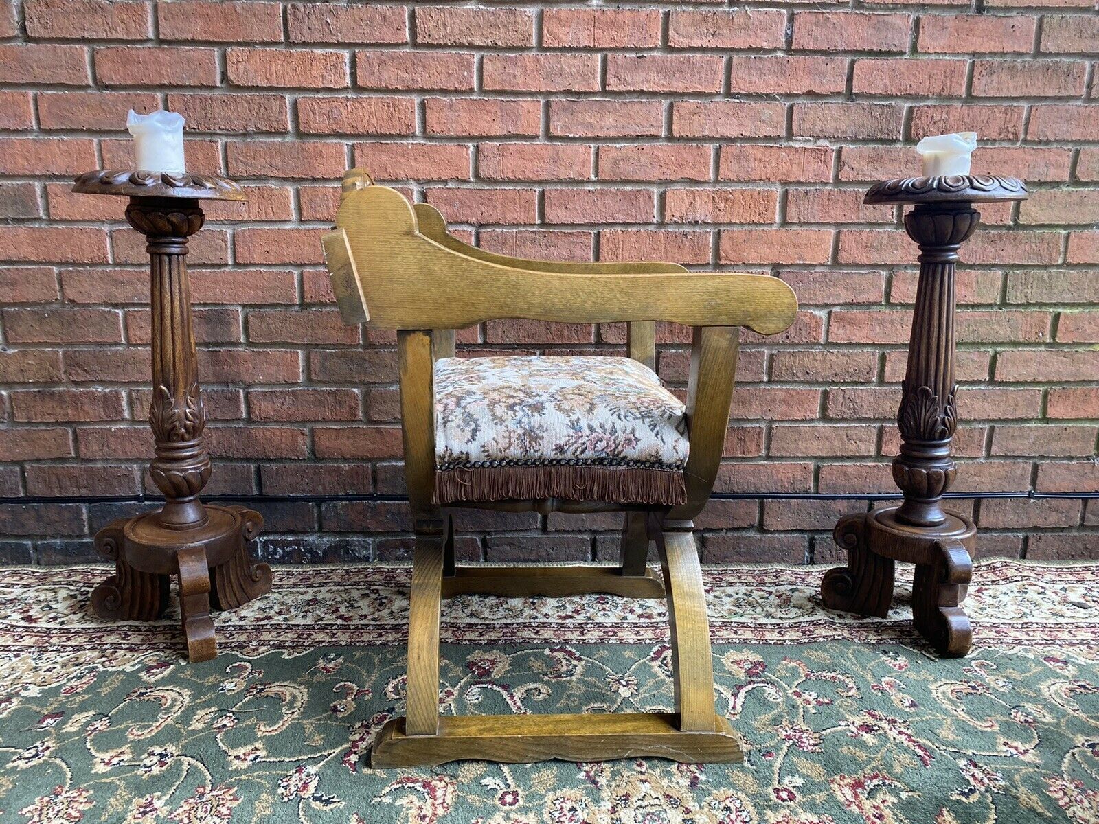 photo furniture Spanish Carved Oak Cross Frame Hall Chair In Charles II Manor Circa 1890