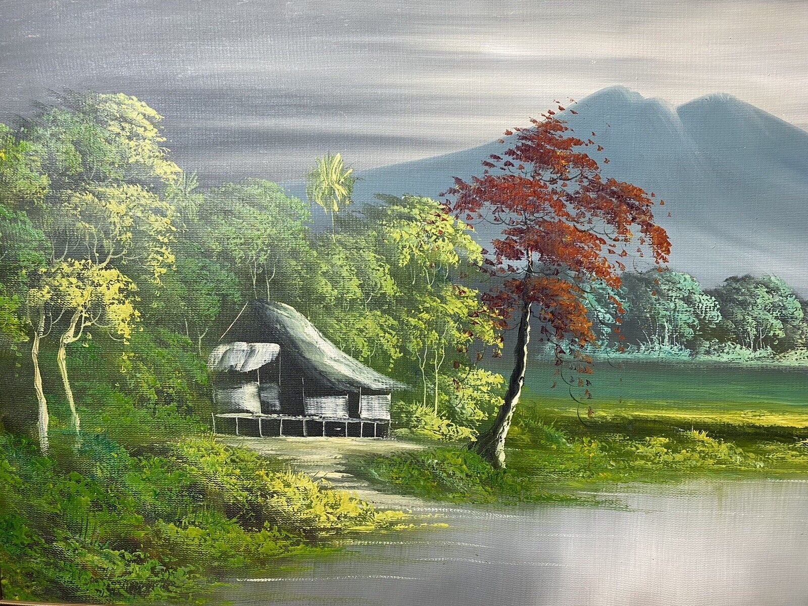 20th Century Indonesian Native Volcanic Settlement Landscape Oil Painting photo Art