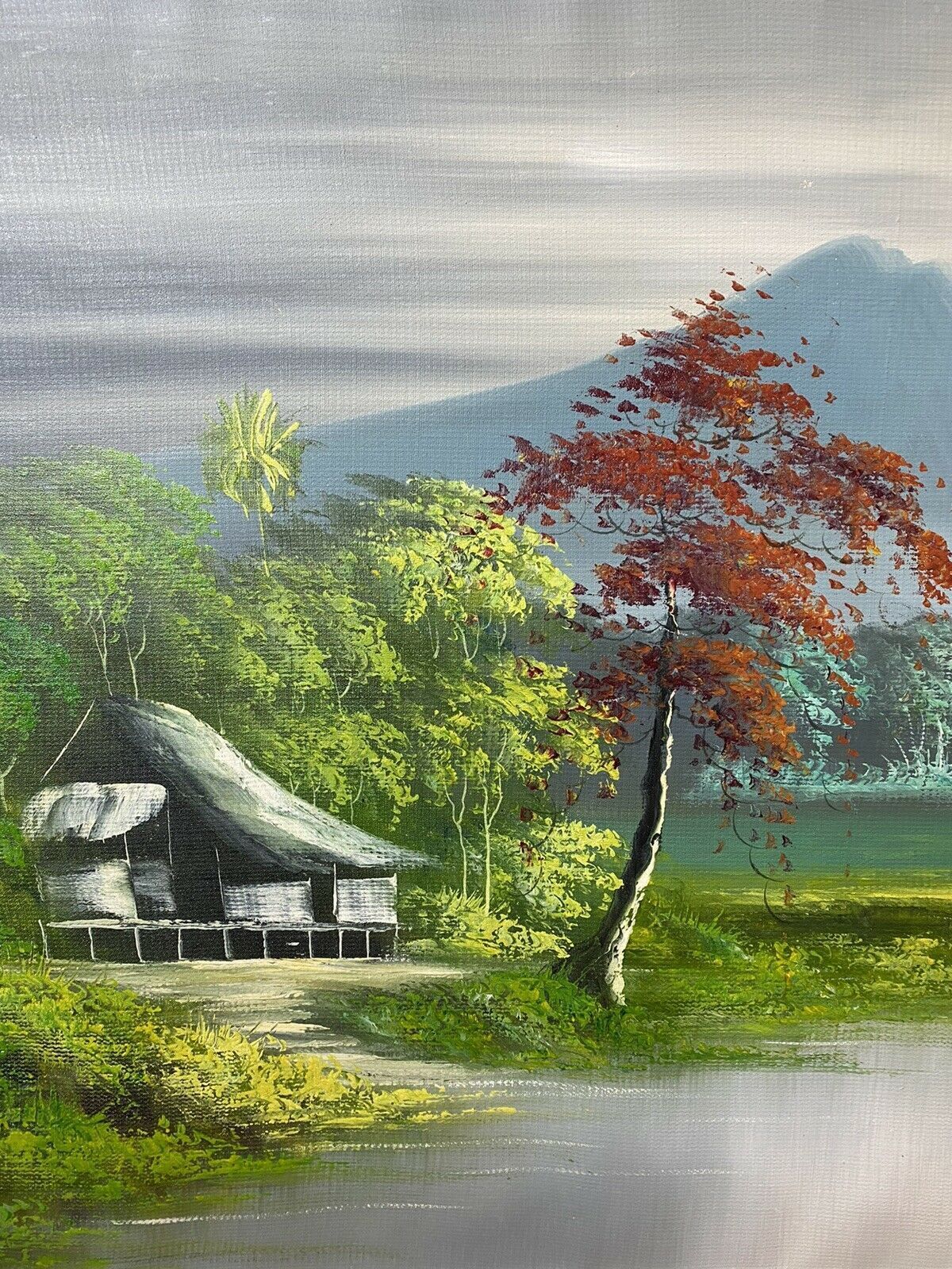 20th Century Indonesian Native Volcanic Settlement Landscape Oil Painting photo vinterior