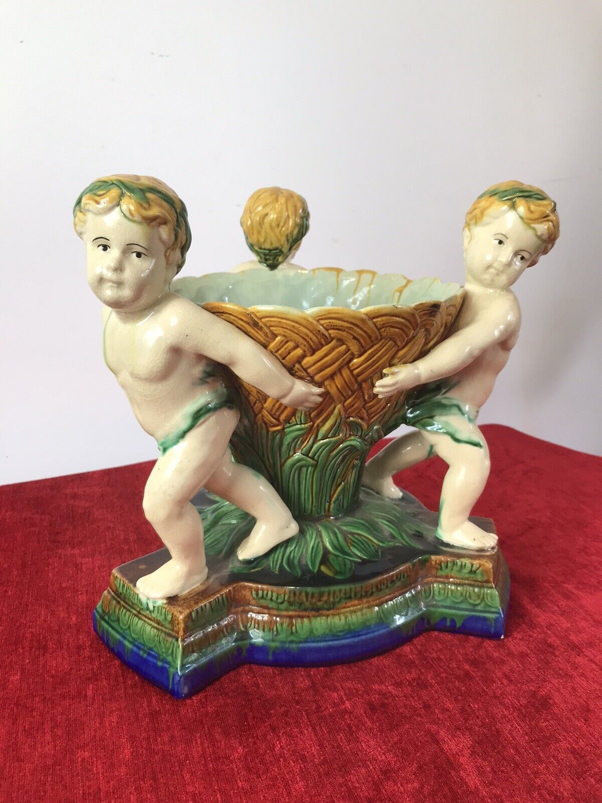 Italian Majolica Trio Of Cherubs Centrepiece With Green And Yellow Overglaze photo furniture