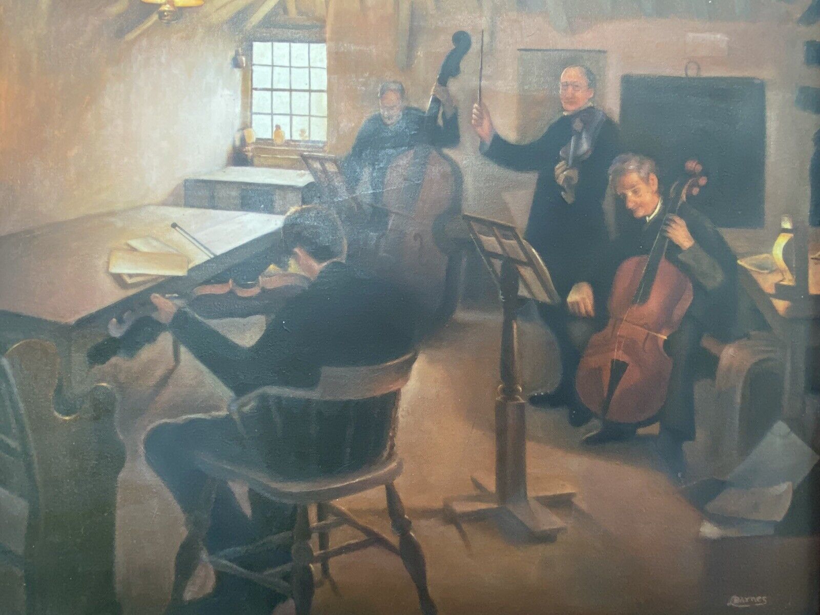 String Quartet Interior Scene Oil On Canvas Signed By Artist L Barnes photo for sale