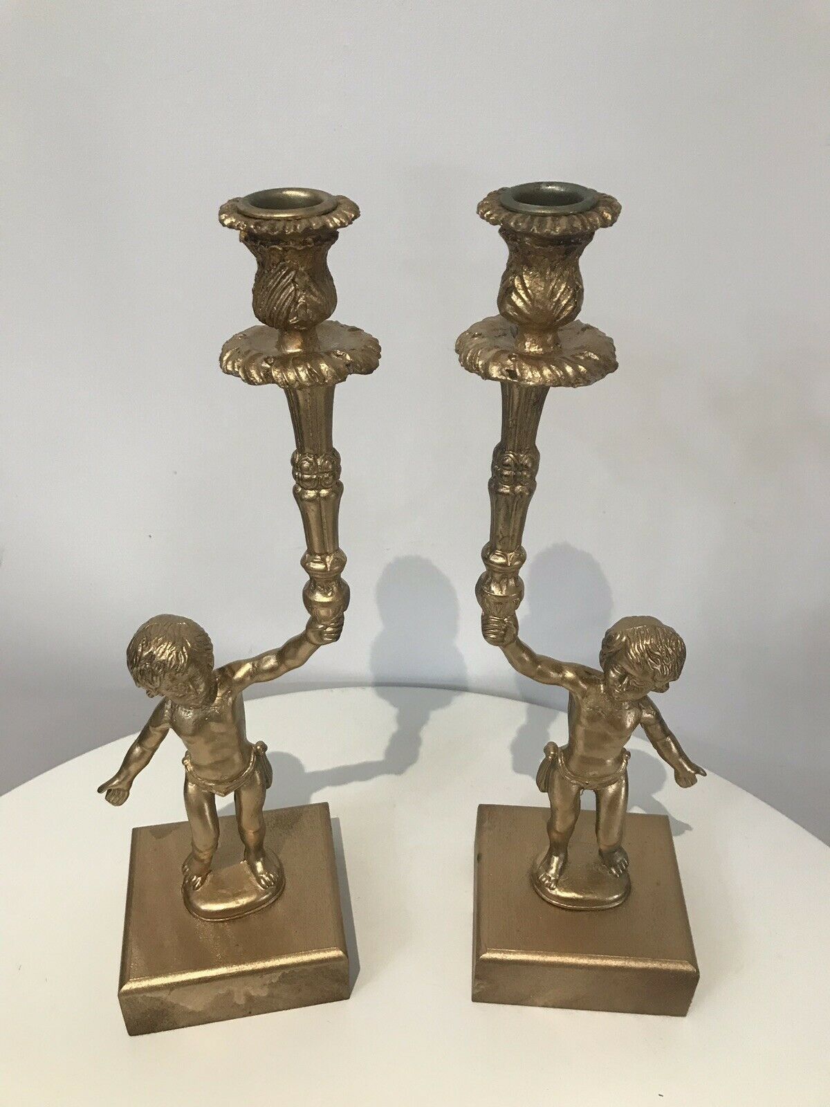 Stunning Pair Of Bronze Guilded Cherib Candelabras photo vinterior