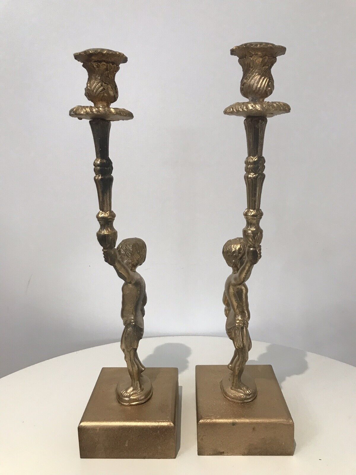 Stunning Pair Of Bronze Guilded Cherib Candelabras photo vintage