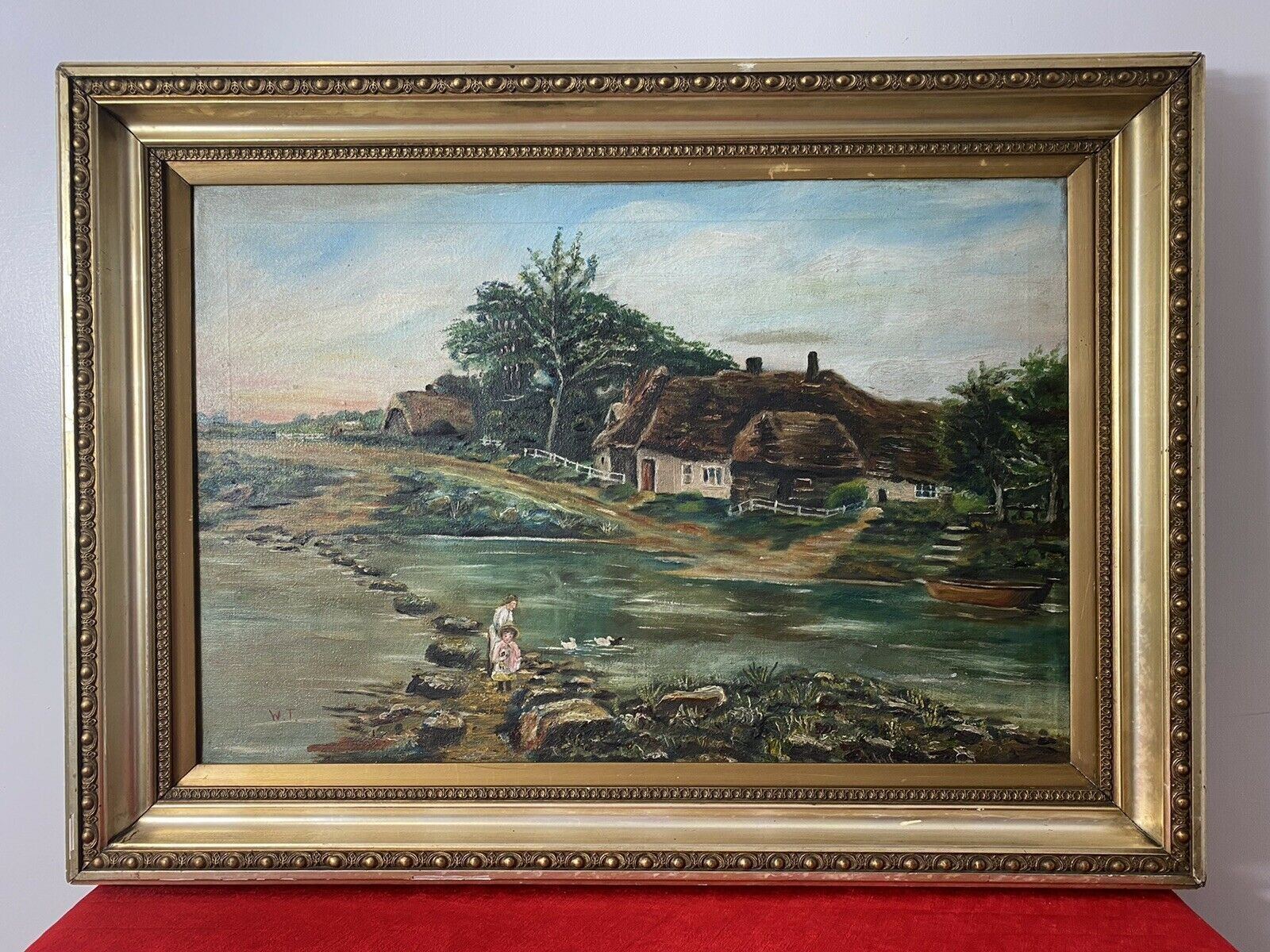 Original Oil Painting Of Thatch And River Crossing In Donegal Ireland Signed W.T photo for sale