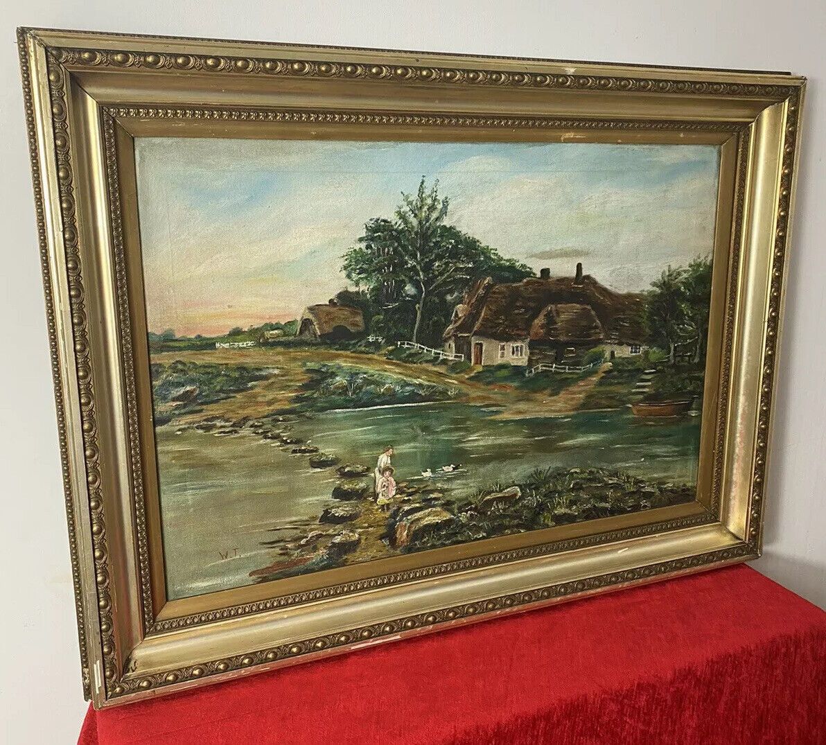 photo for sale Original Oil Painting Of Thatch And River Crossing In Donegal Ireland Signed W.T