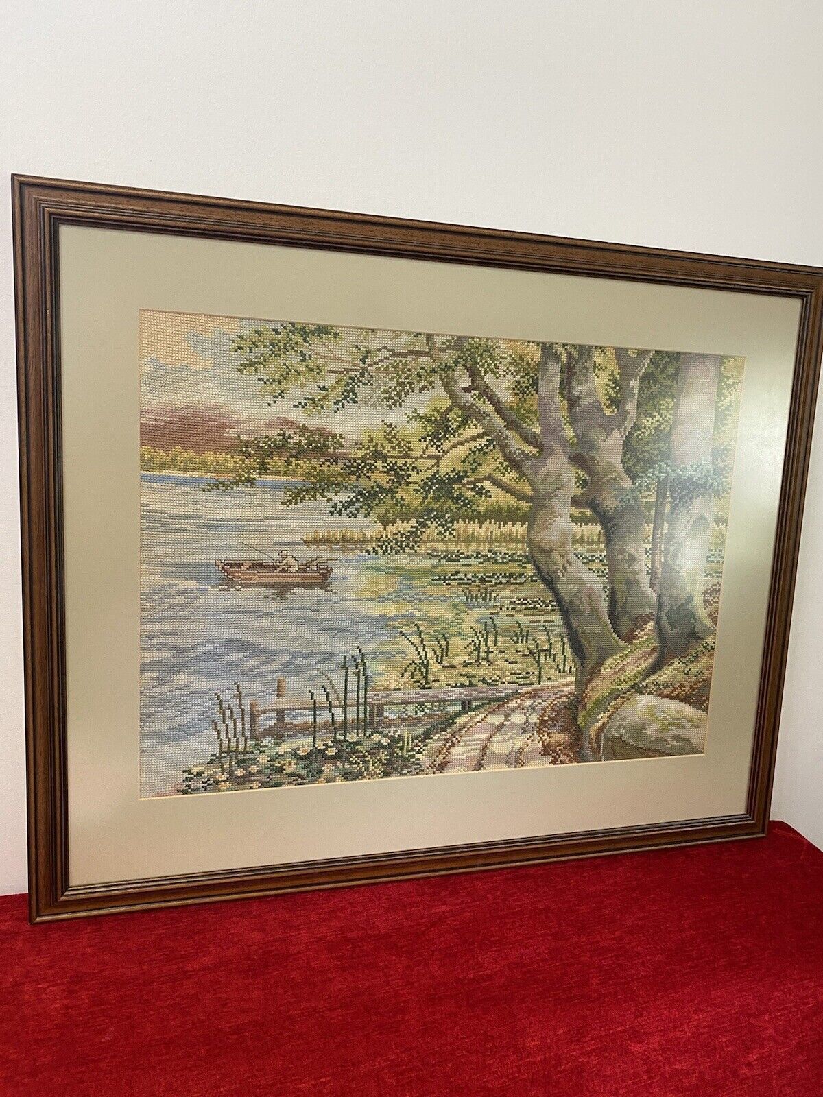 Hand Woven Lake Windermere Landscape Tapestry With Fisherman In Rowing Boat photo for sale