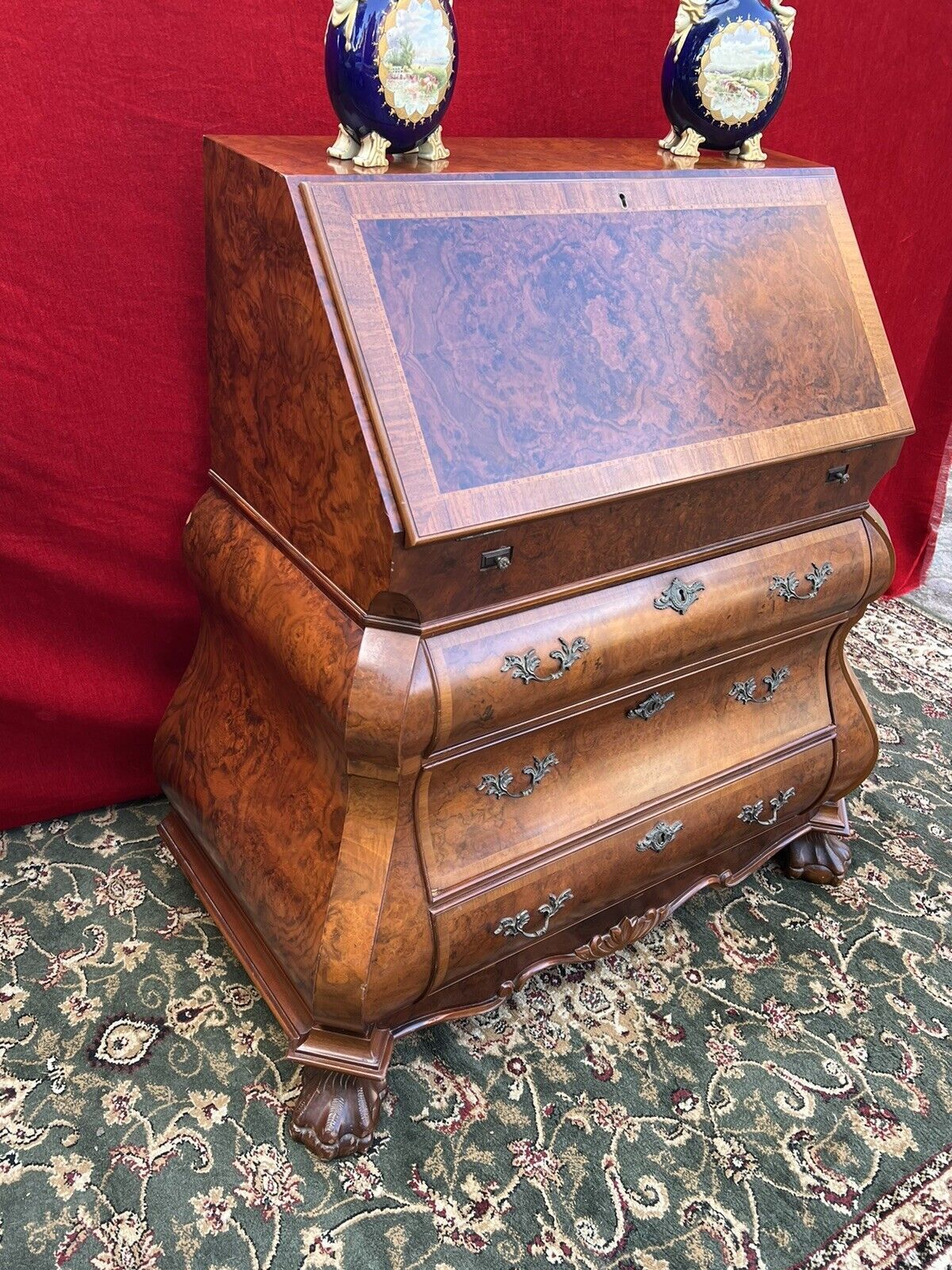 Furniture Fine Dutch Burl Walnut/Satinwood Inlay Bombe Writing Desk photo