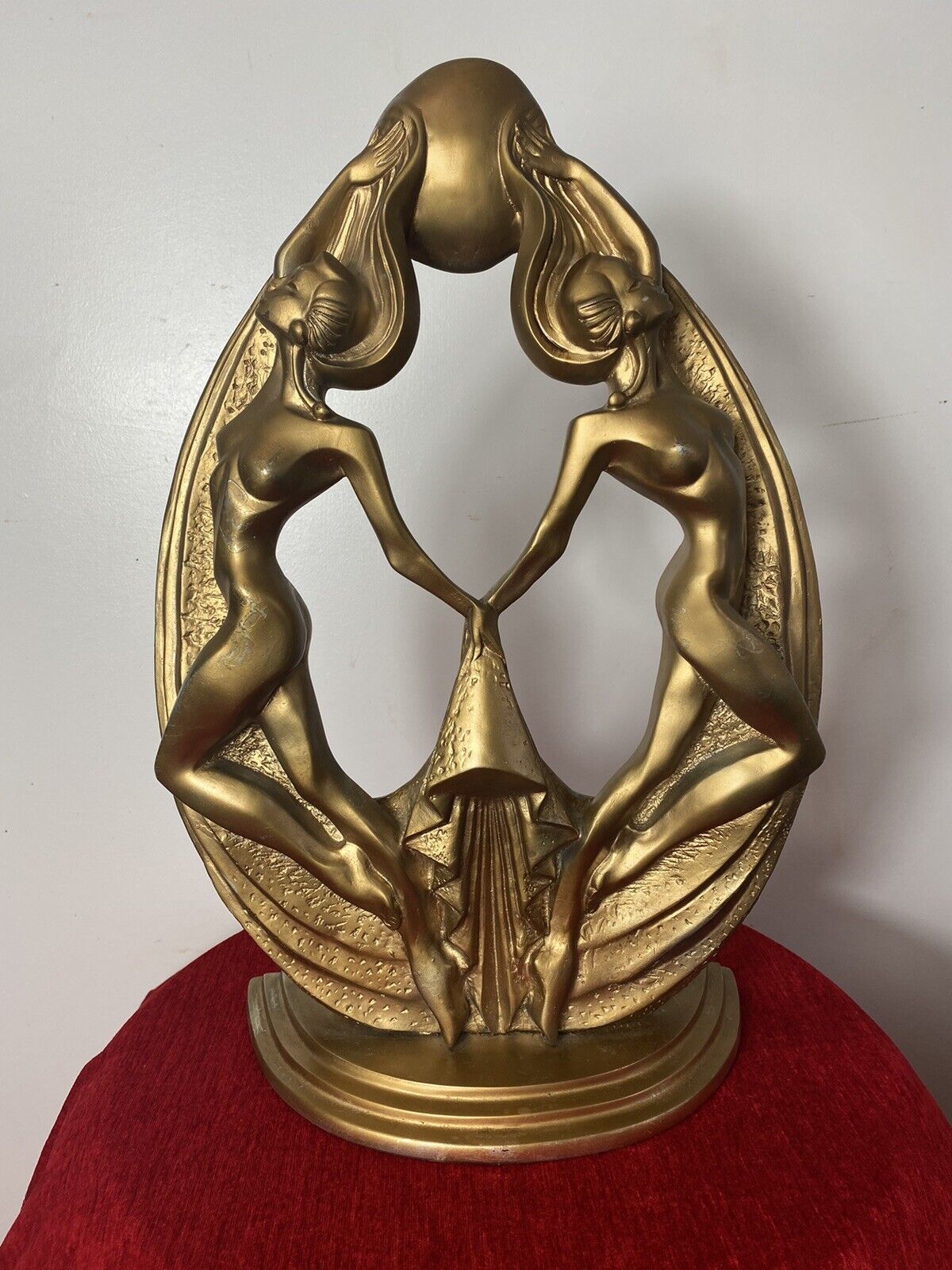 Rare French Empire 1930’s Art Deco Gilt Mascot Sculpture Of Two Nymphs