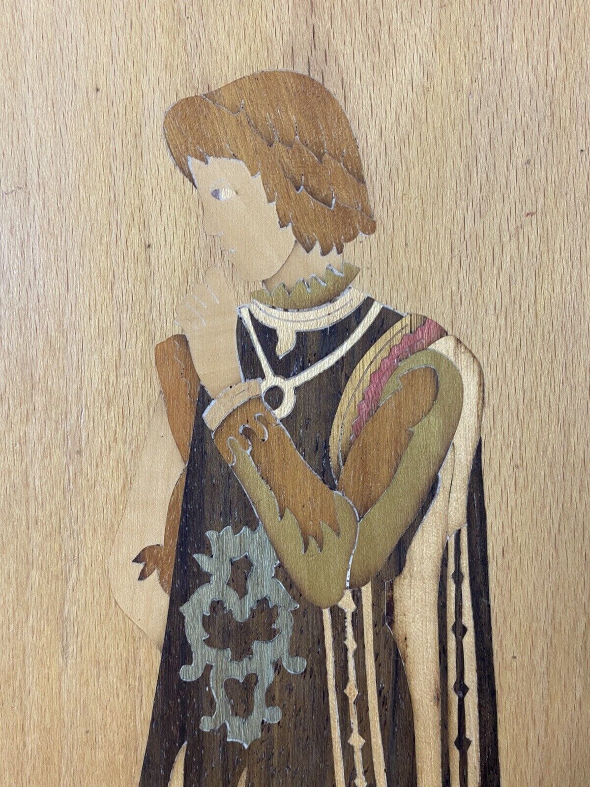 photo furniture Pair Of Italian Early Medieval Noble Figures Marquetry Inlaid Plaques