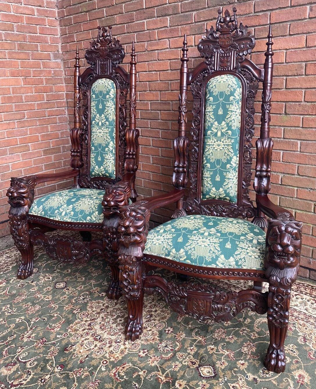 Fine Reproduction Pair Of Colonial Throne Seats With Lion Claw Feet