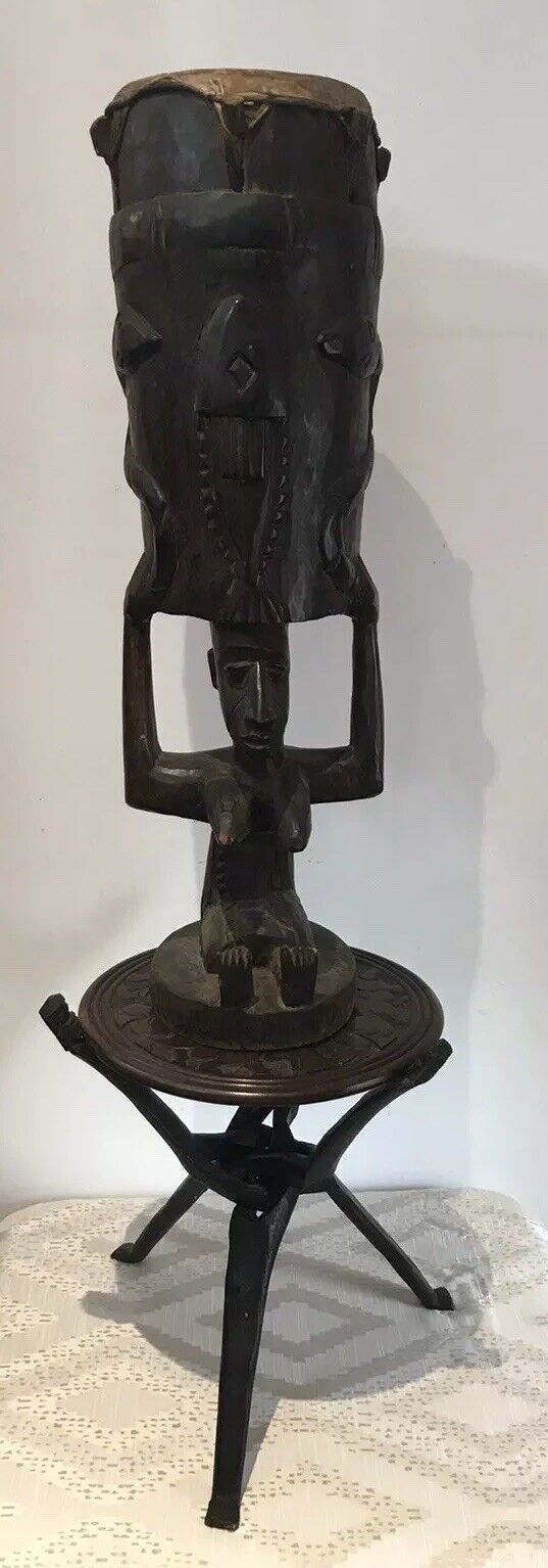 Rare Antique Carved Wood Drum Of African Tribal Woman With Tripod Table Stand photo furniture
