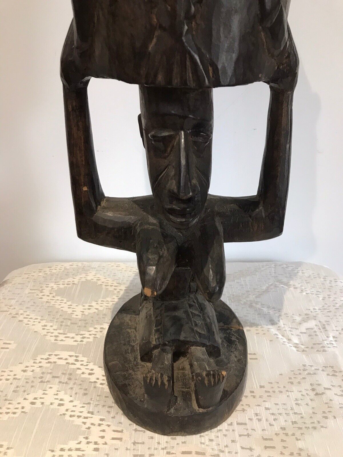 Rare Antique Carved Wood Drum Of African Tribal Woman With Tripod Table Stand photo Home Decor