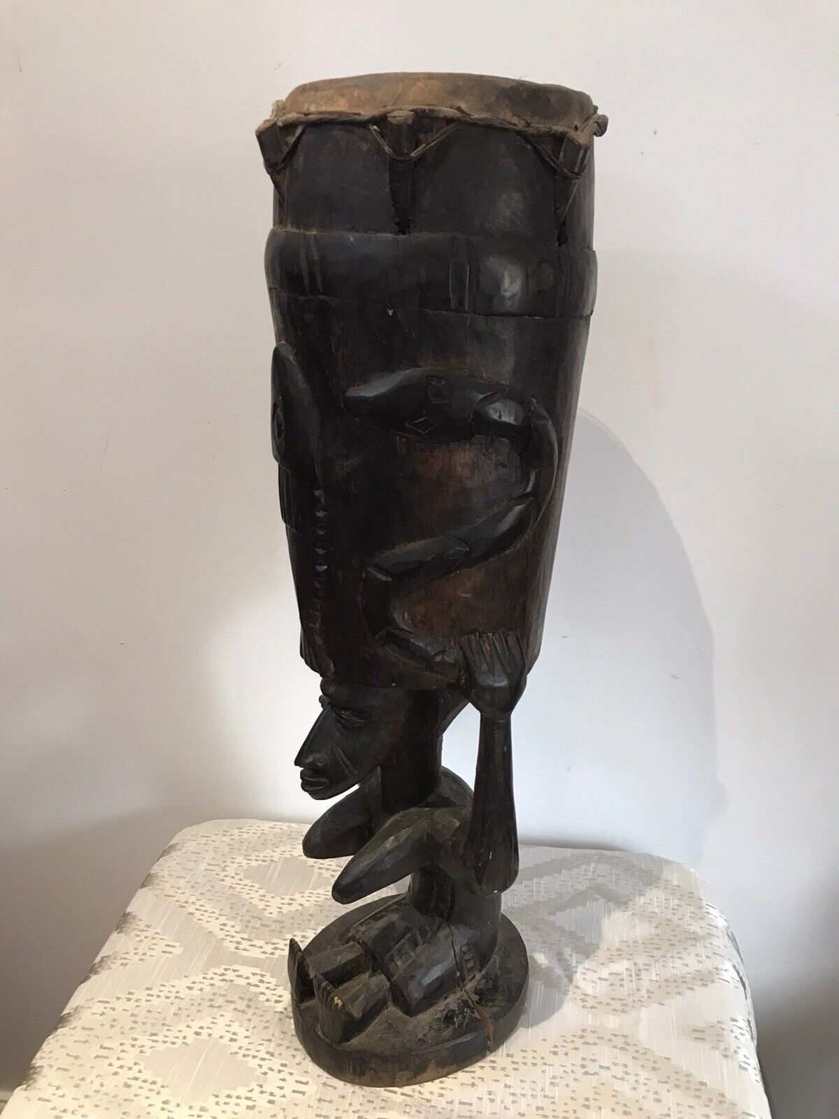 Rare Antique Carved Wood Drum Of African Tribal Woman With Tripod Table Stand photo 675.0