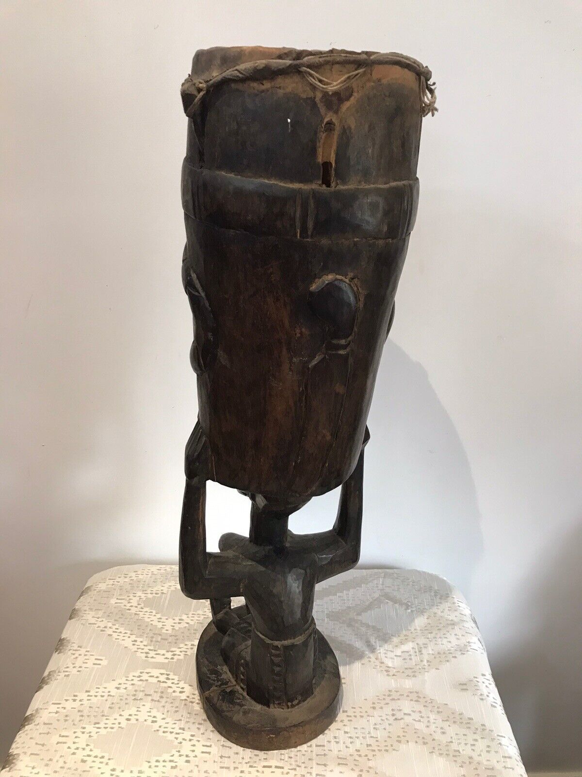 Rare Antique Carved Wood Drum Of African Tribal Woman With Tripod Table Stand photo vintage