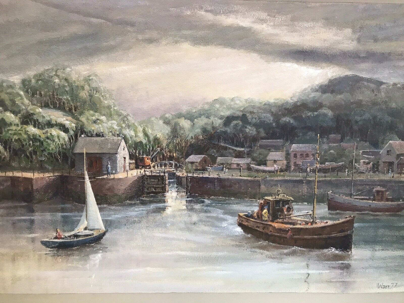 Harbour Scene With Fishing Boats Original Oil Painting On Board Signed By Artist photo 350.0