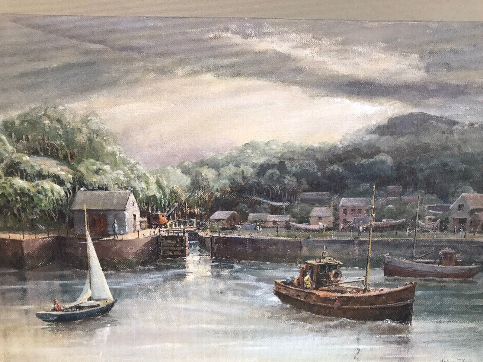 Harbour Scene With Fishing Boats Original Oil Painting On Board Signed By Artist photo vintage