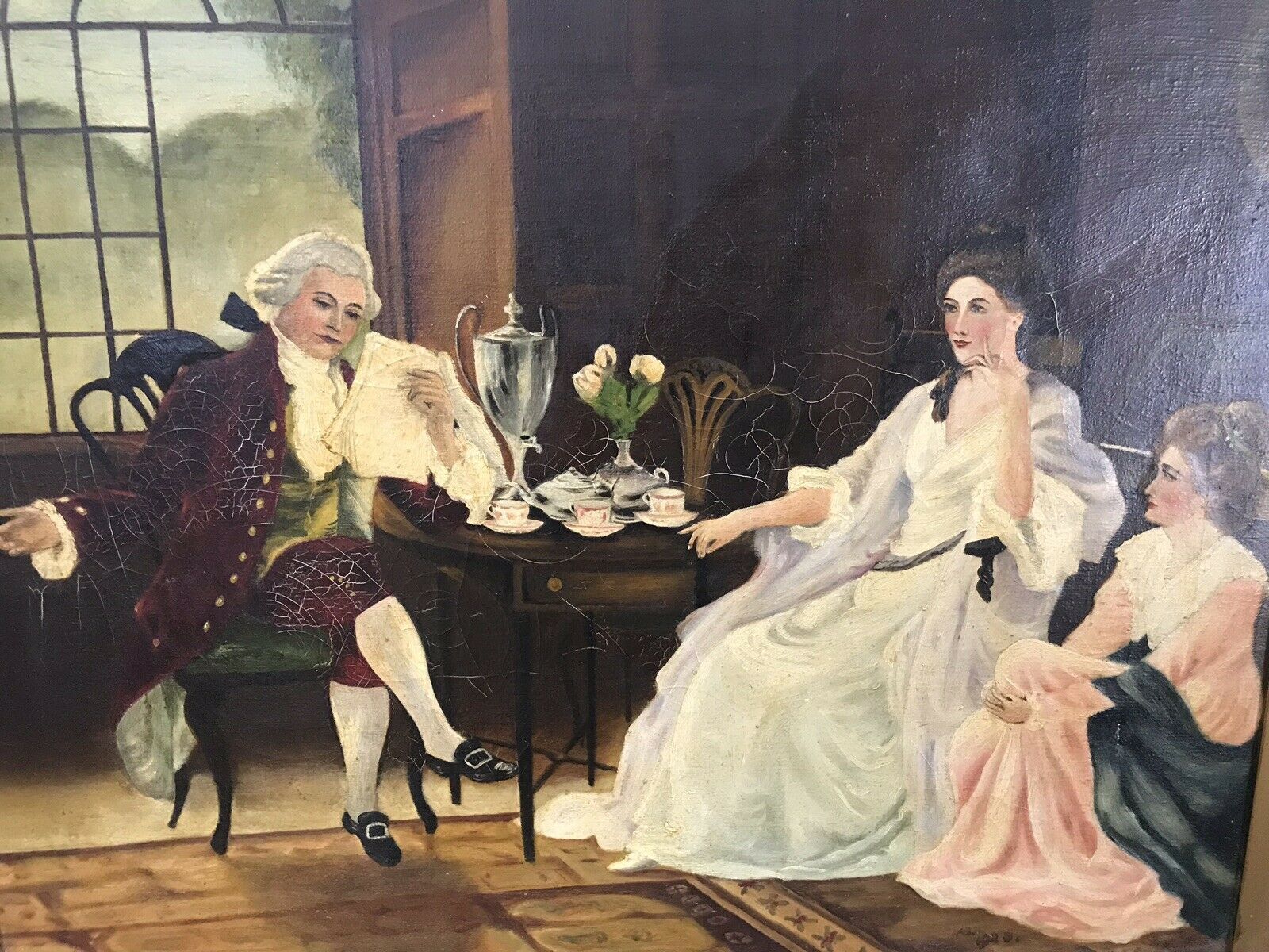 Antique French Oil Painting Figures In Chateau Interior True Conversation Piece photo 575.0