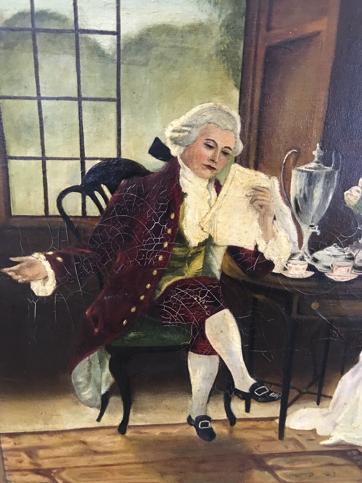 Antique French Oil Painting Figures In Chateau Interior True Conversation Piece photo vinterior