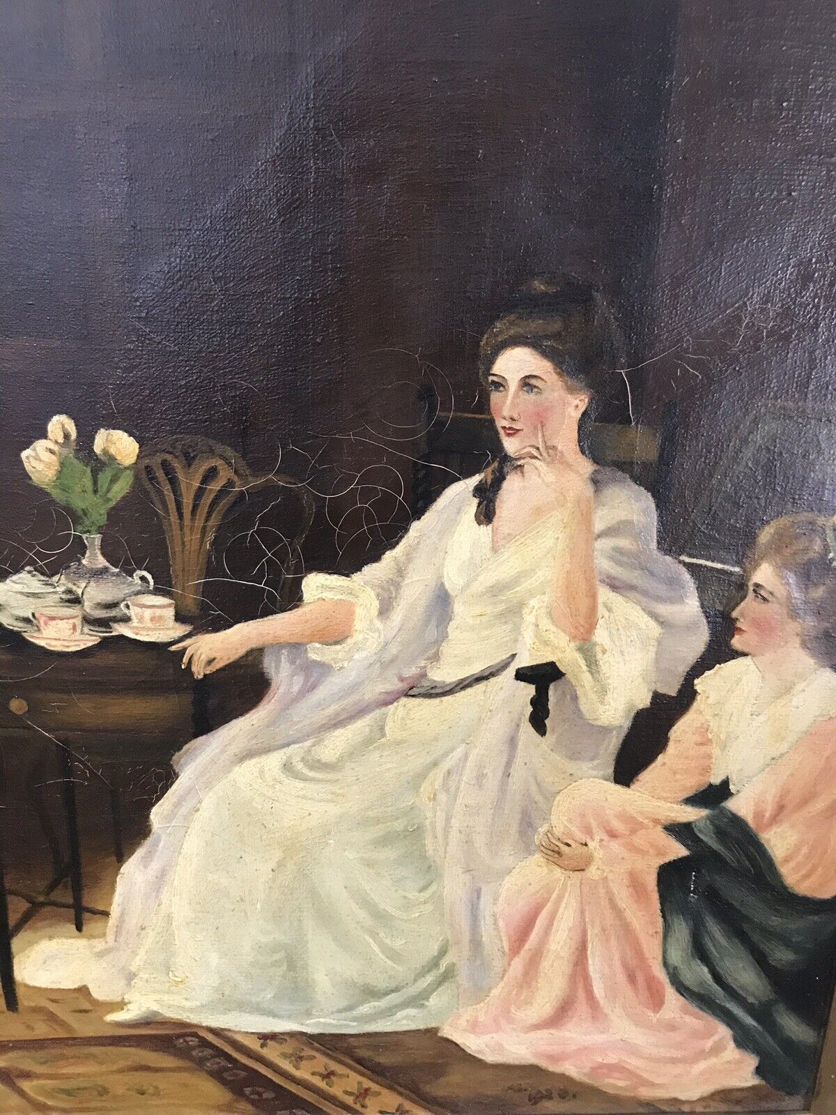 Antique French Oil Painting Figures In Chateau Interior True Conversation Piece photo buy