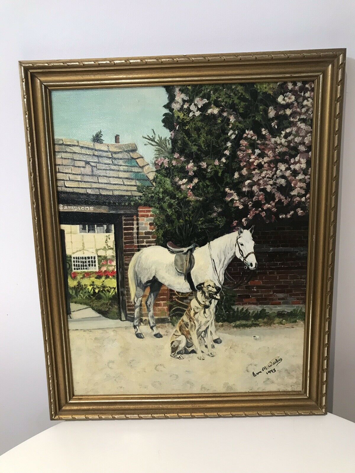 After Barbara Woodhouse Oil Painting Titled ‘Friends Dog With A Horse’ Signed photo for sale