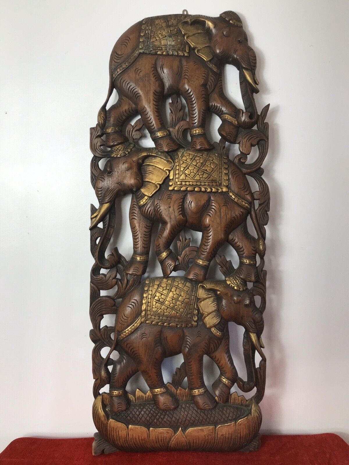 Large Hand Carved Plaque Of Balancing Trio Of Elephants In Hardwood & Gilt Work