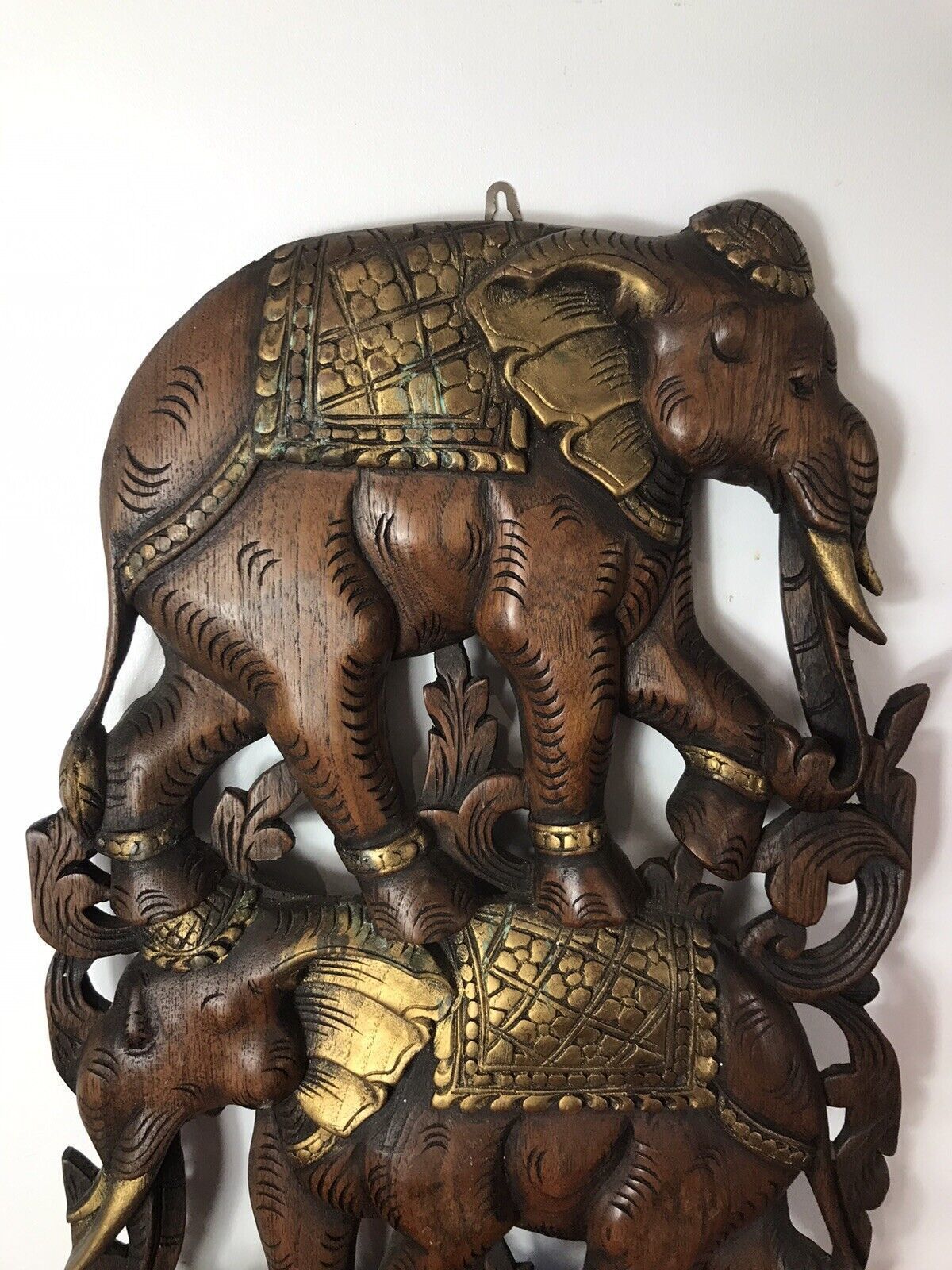 Large Hand Carved Plaque Of Balancing Trio Of Elephants In Hardwood & Gilt Work photo for sale