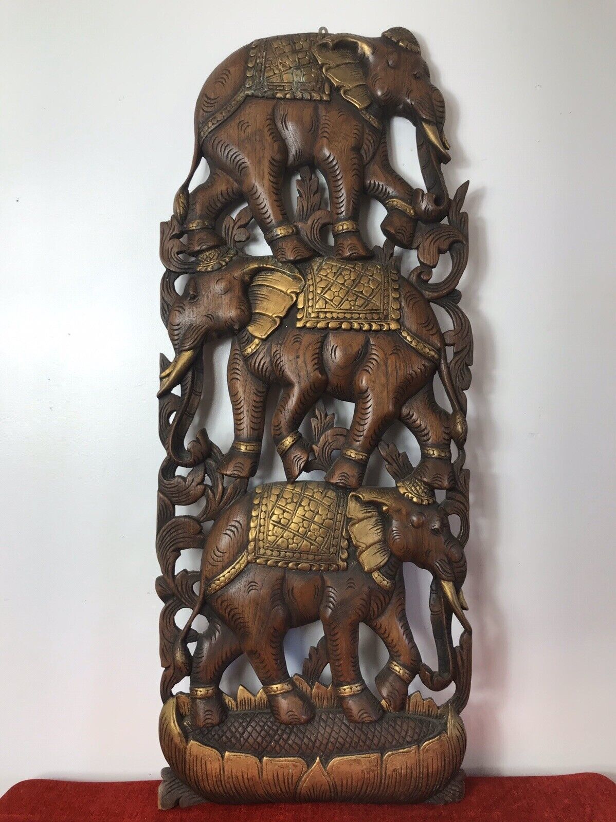 photo furniture Large Hand Carved Plaque Of Balancing Trio Of Elephants In Hardwood & Gilt Work
