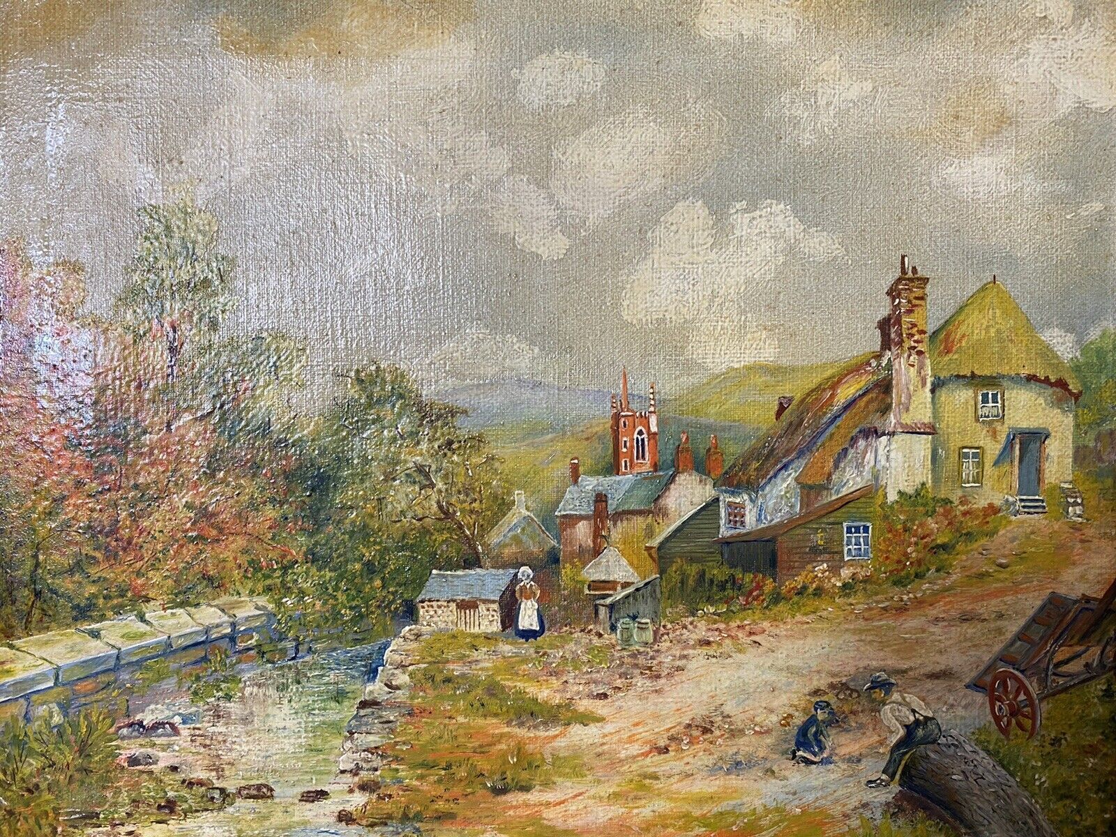 Period Victorian Country Scene With 16c Farm House & Figures Oil Painting photo vinterior