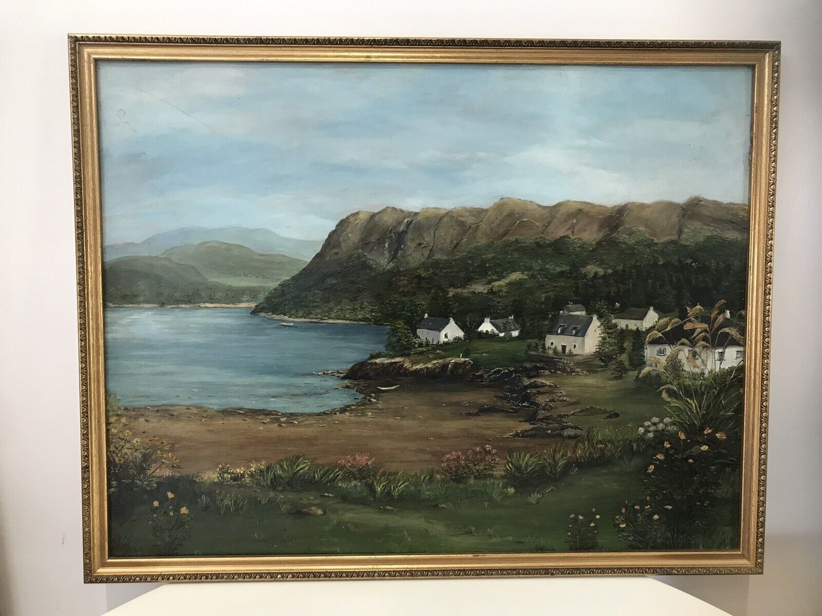 Landscape Oil Painting Of Cove With Beach And Houses Signed H D A Seaton
