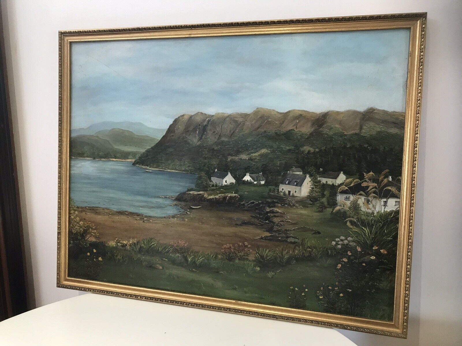 Landscape Oil Painting Of Cove With Beach And Houses Signed H D A Seaton photo for sale