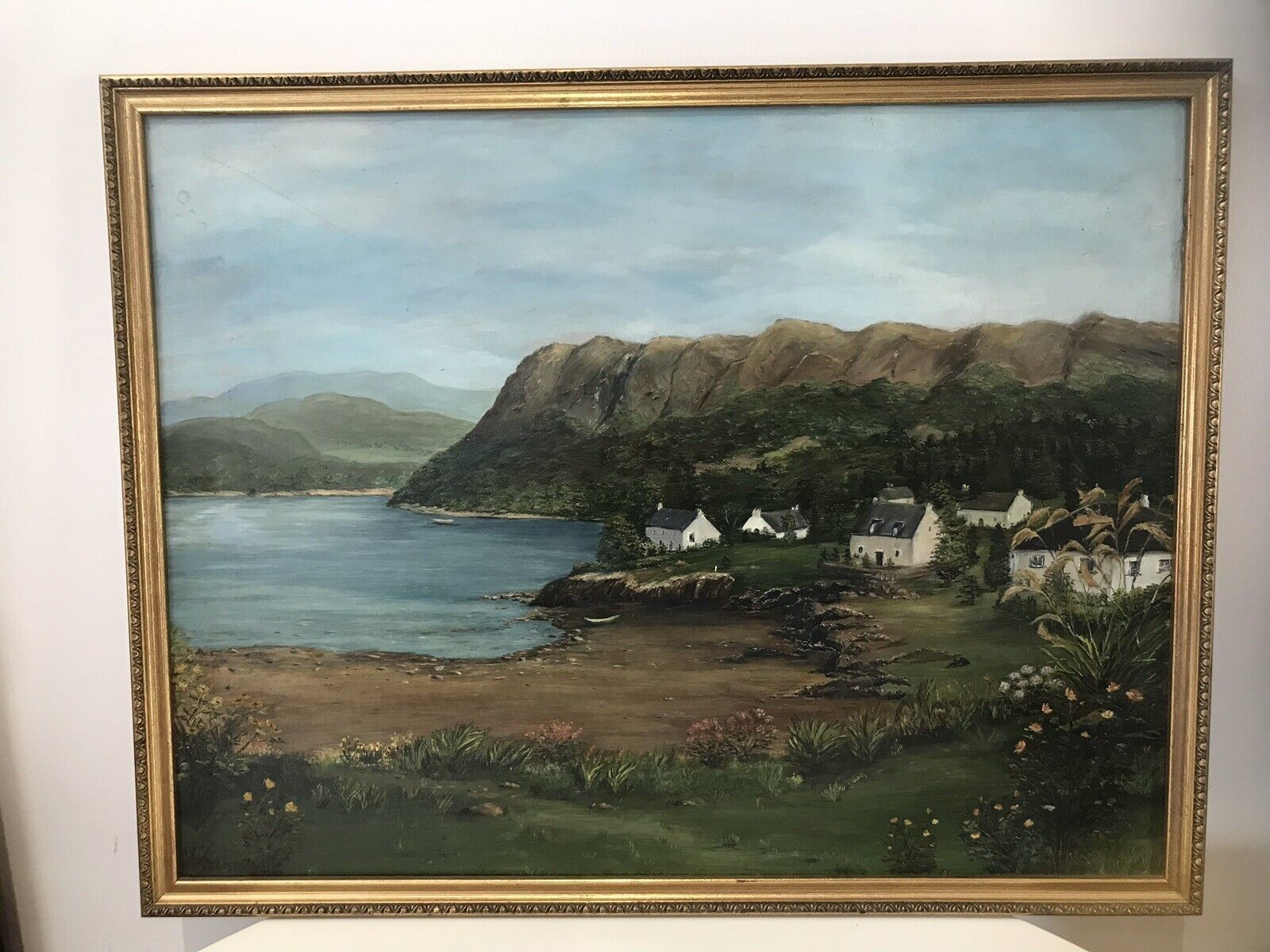 photo furniture Landscape Oil Painting Of Cove With Beach And Houses Signed H D A Seaton