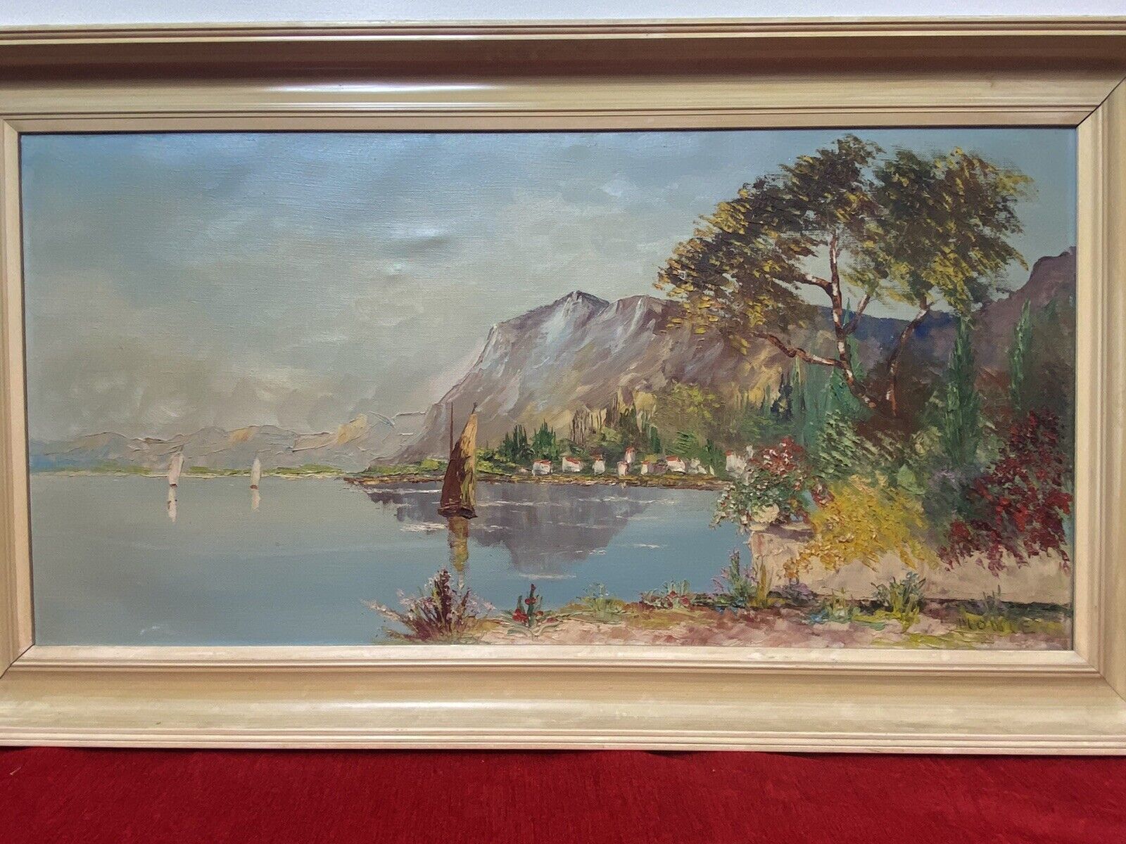 Italian Adriatic Coastal Landscape With Sail Boats Signed By Artist Monte photo for sale