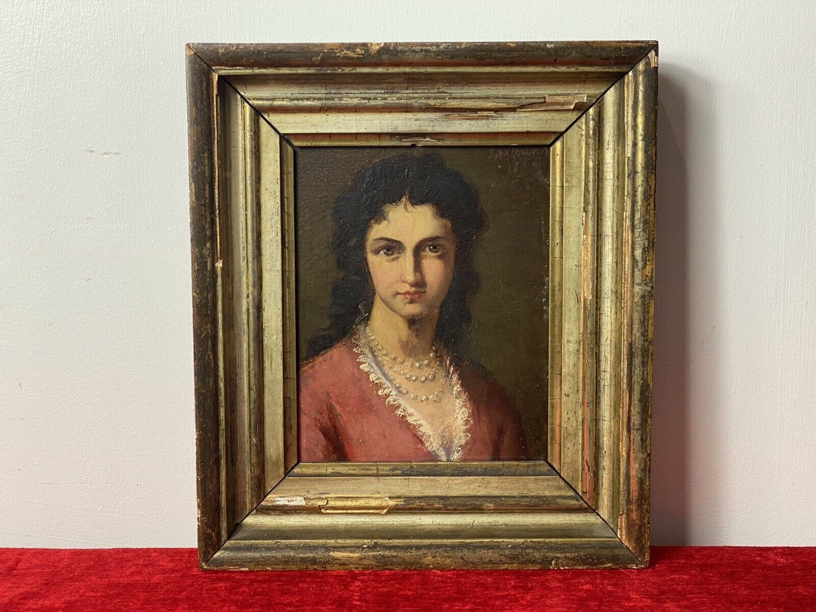 Late 19c Oil Portrait Of Lady Wearing Pearl Necklace Signed By Artist J Axmann photo furniture