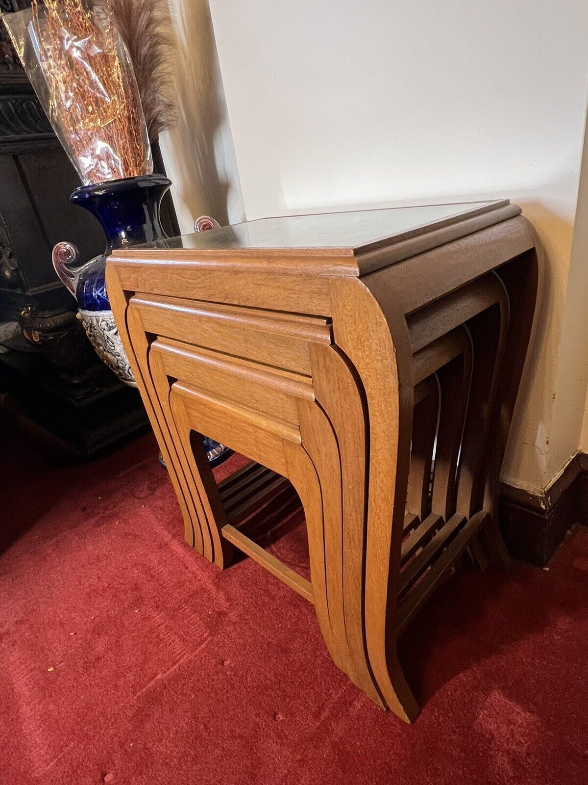 Oriental Teak Nest Of Four Tables With Mudiao Fretwork Temple Landscape Tops photo vintage